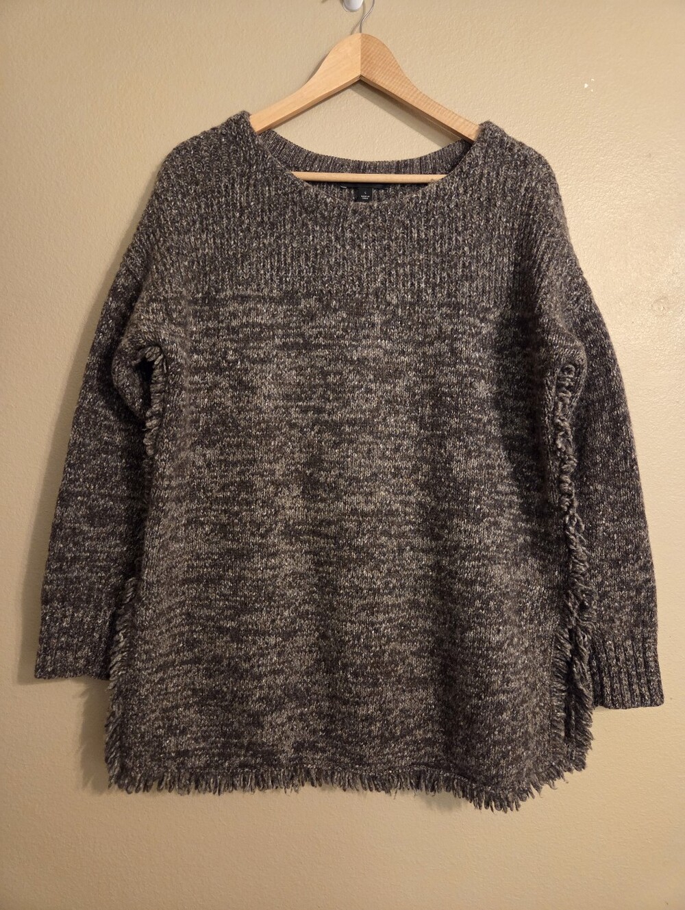 ANN TAYLOR Marled Brown Wool Blend Fringe Trim Long Scoop Neck Sweater Women's L